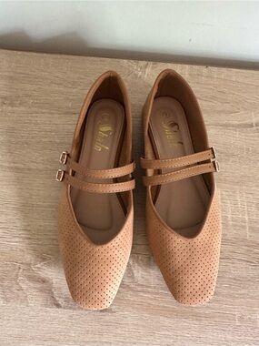 SHEIN Tan Double-Strap Perforated Flats